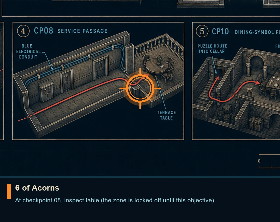 Location guide visual for 6 of Acorns in 007 FIRST LIGHT
