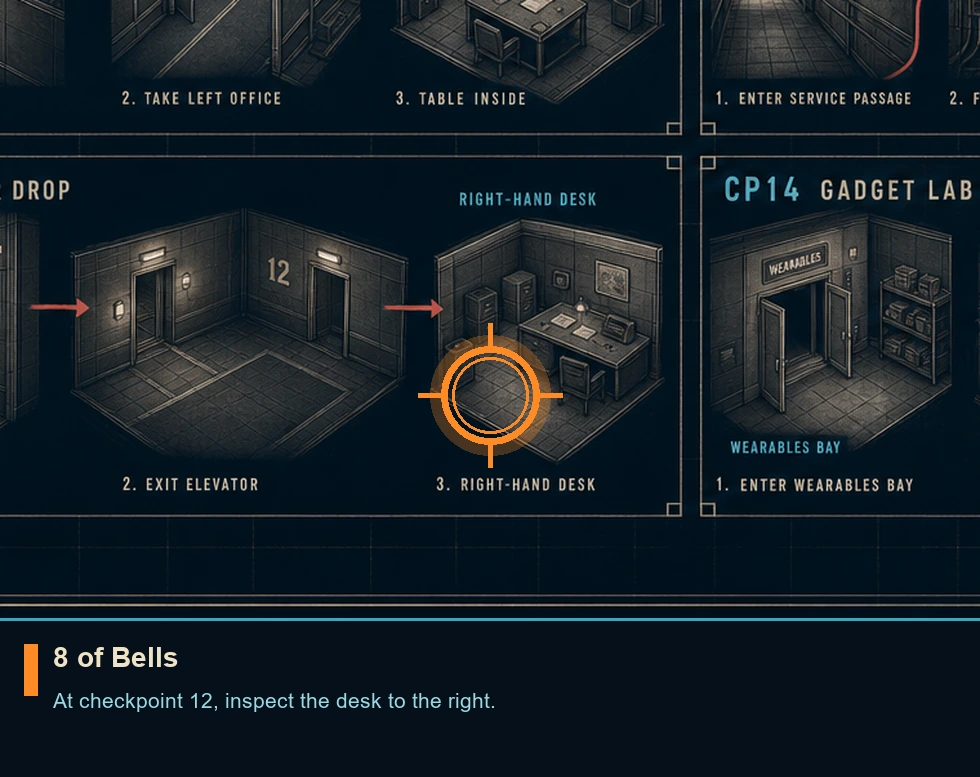 Location guide visual for 8 of Bells in 007 FIRST LIGHT