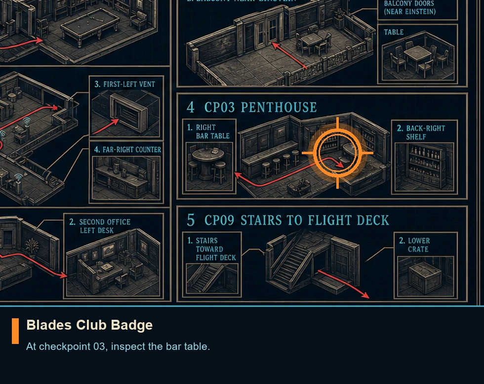 Location guide visual for Blades Club Badge in 007 FIRST LIGHT