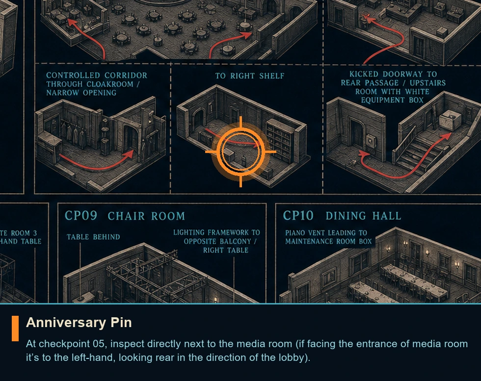 Location guide visual for Anniversary Pin in 007 FIRST LIGHT