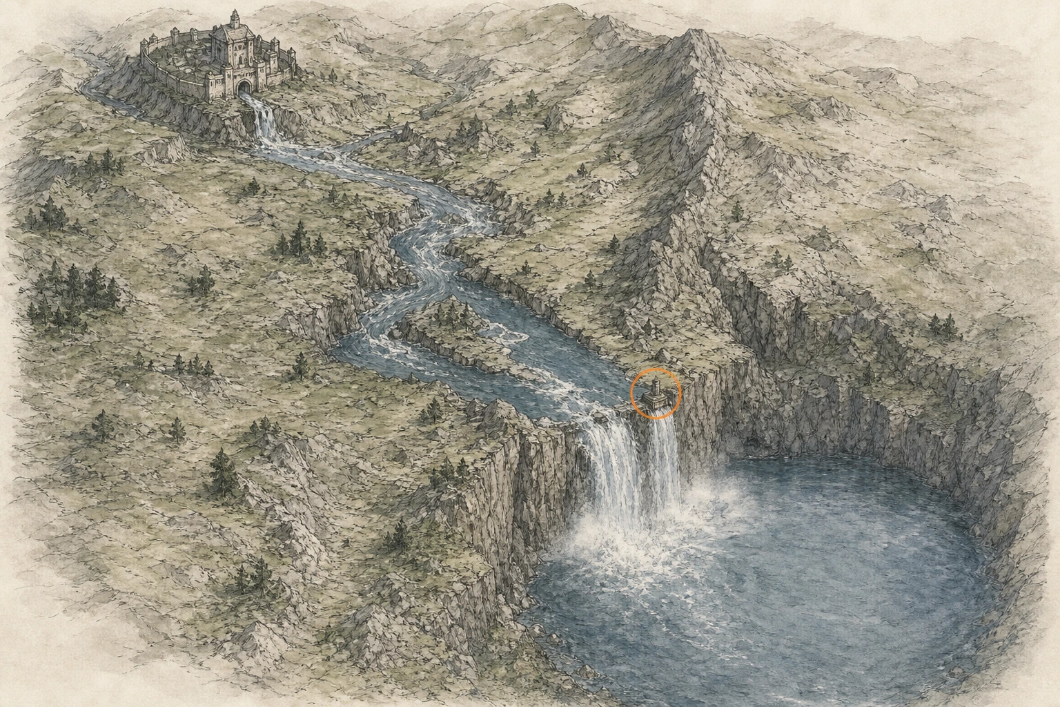 Location guide visual for Secret Place #25, The Stairway Falls in Crimson Desert
