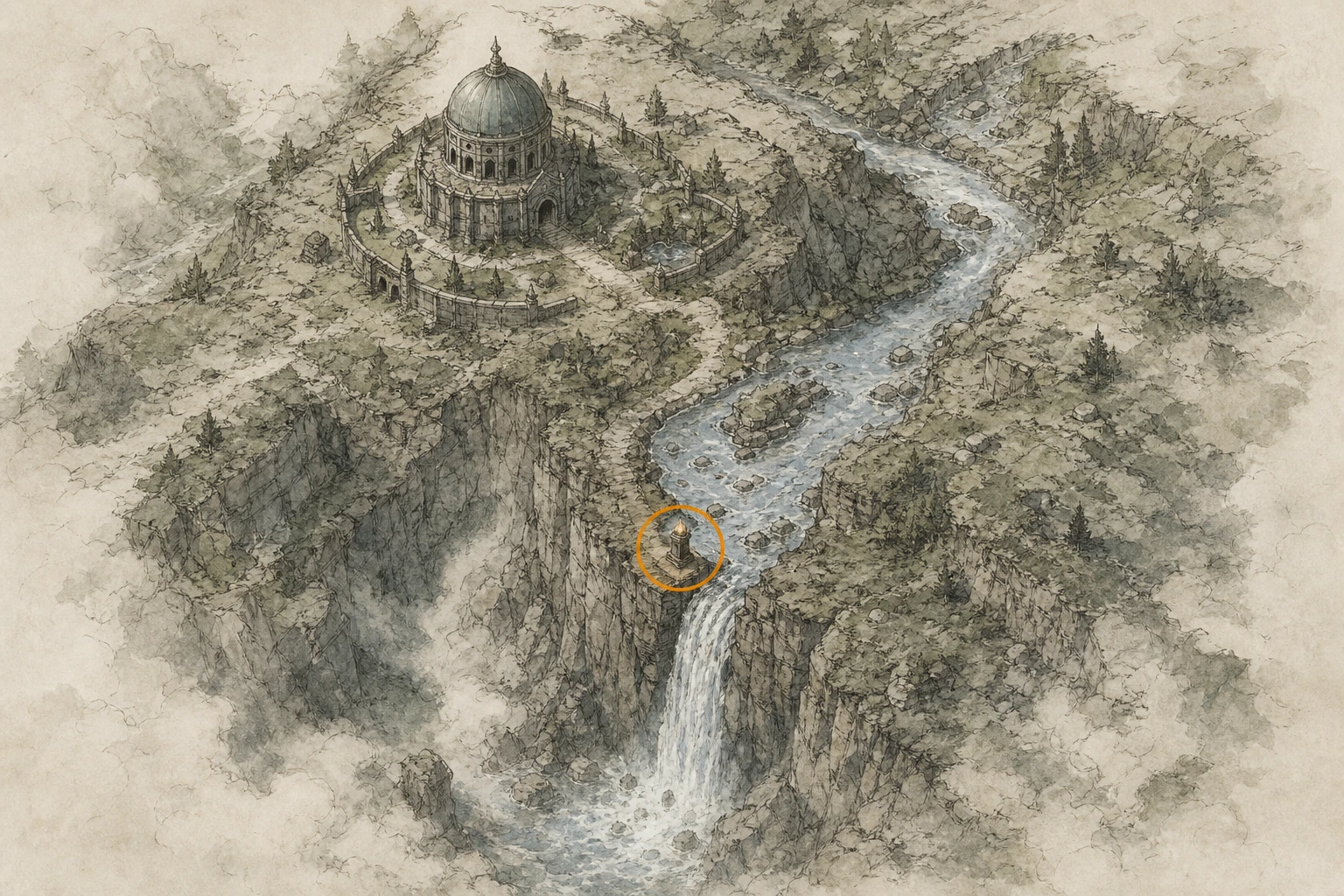 Location guide visual for Secret Place #29, Thunderwater Falls in Crimson Desert