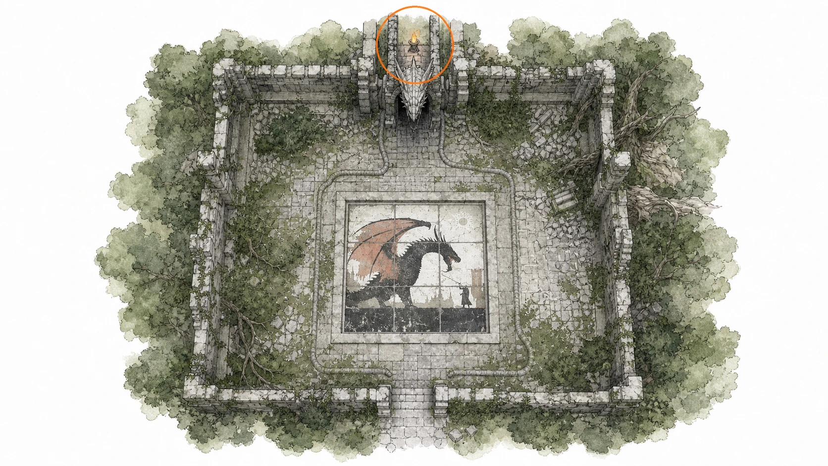 Location guide visual for Ancient Ruin #15, Deepfog Basin Dragon Head Ruins in Crimson Desert