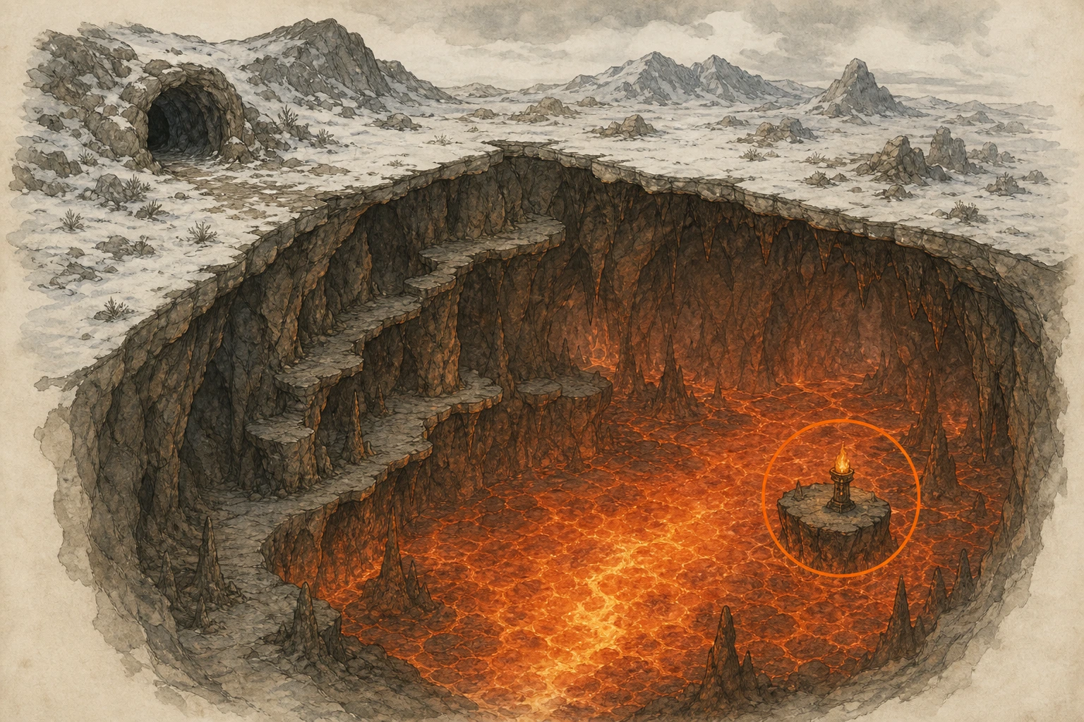 Location guide visual for Secret Place #5, Lava Under Snowy Plains in Crimson Desert