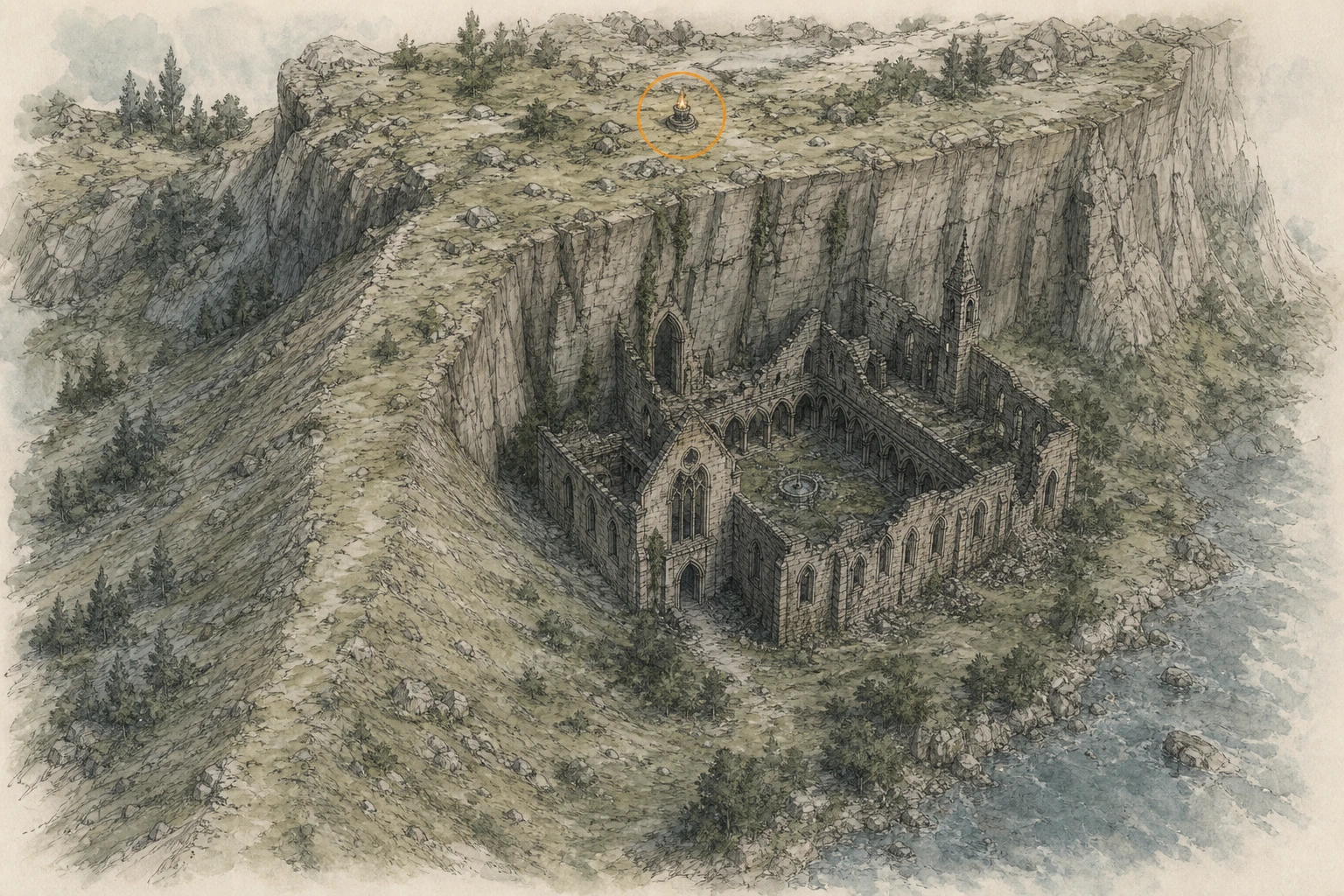Location guide visual for Secret Place #50, Cliff of Ruination in Crimson Desert