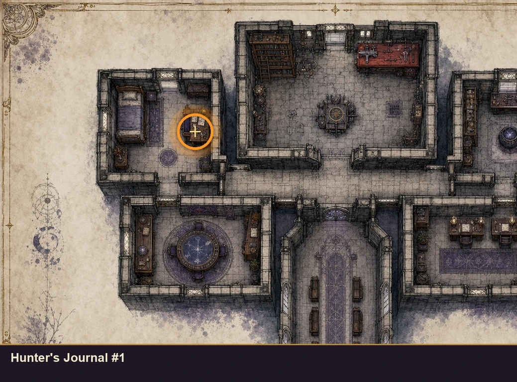 Location guide visual for Hunter's Journal #1 in Marvel's Midnight Suns