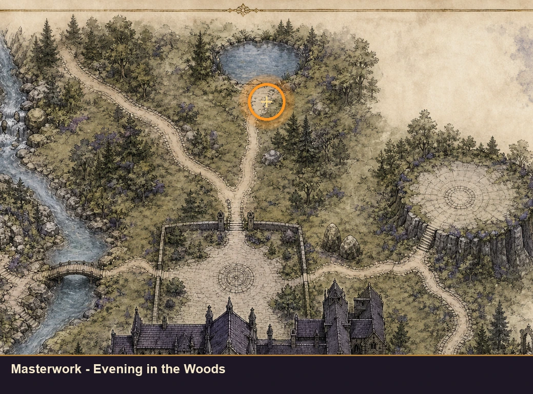 Location guide visual for Masterwork - Evening in the Woods in Marvel's Midnight Suns