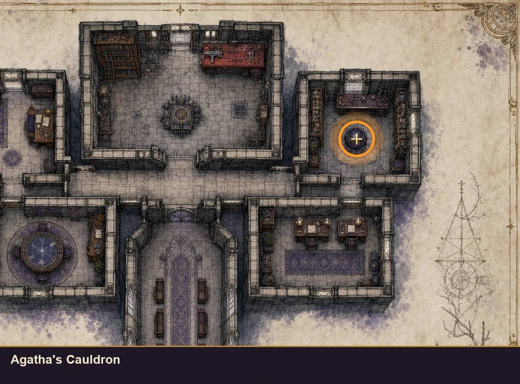 Location guide visual for Agatha's Cauldron in Marvel's Midnight Suns