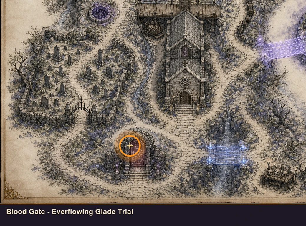Location guide visual for Blood Gate - Everflowing Glade Trial in Marvel's Midnight Suns