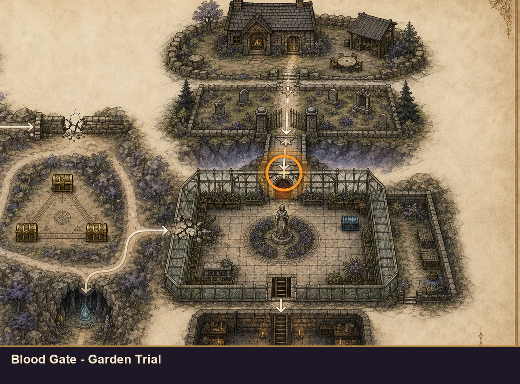 Location guide visual for Blood Gate - Garden Trial in Marvel's Midnight Suns