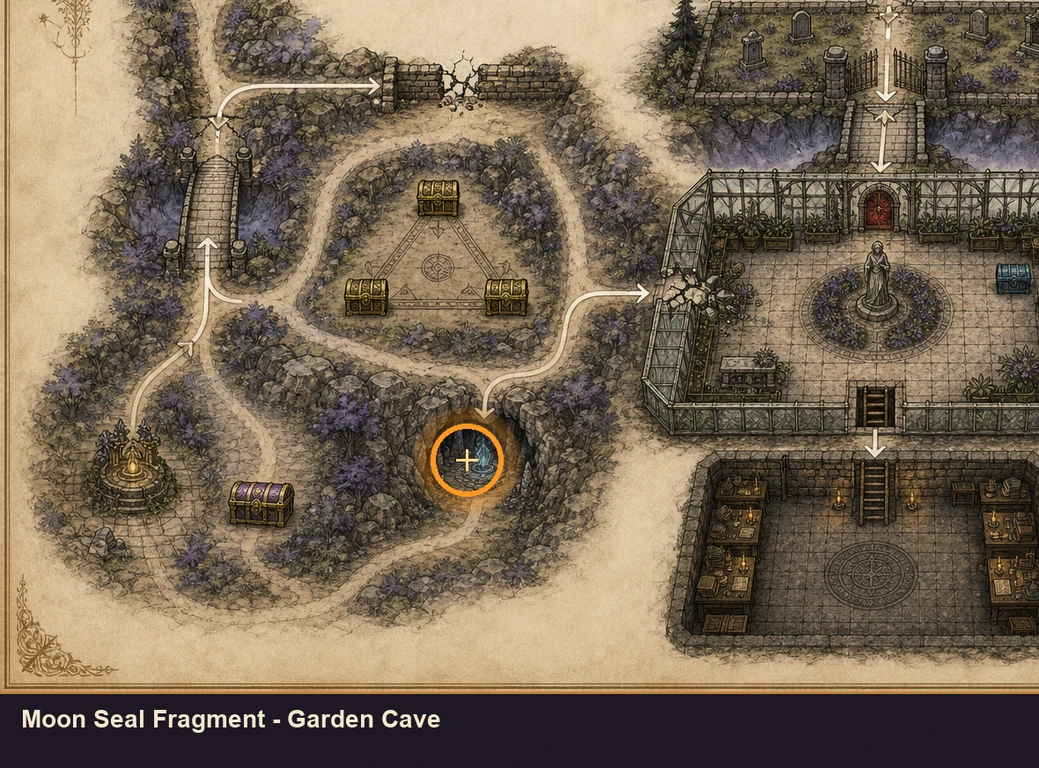 Location guide visual for Moon Seal Fragment - Garden Cave in Marvel's Midnight Suns