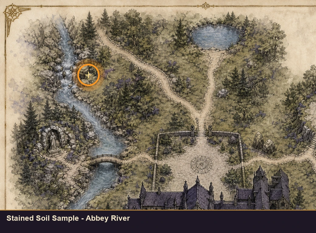 Location guide visual for Stained Soil Sample - Abbey River in Marvel's Midnight Suns