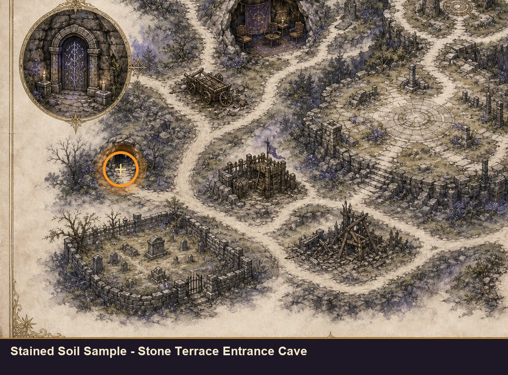 Location guide visual for Stained Soil Sample - Stone Terrace Entrance Cave in Marvel's Midnight Suns