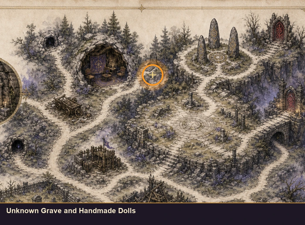 Location guide visual for Unknown Grave and Handmade Dolls in Marvel's Midnight Suns