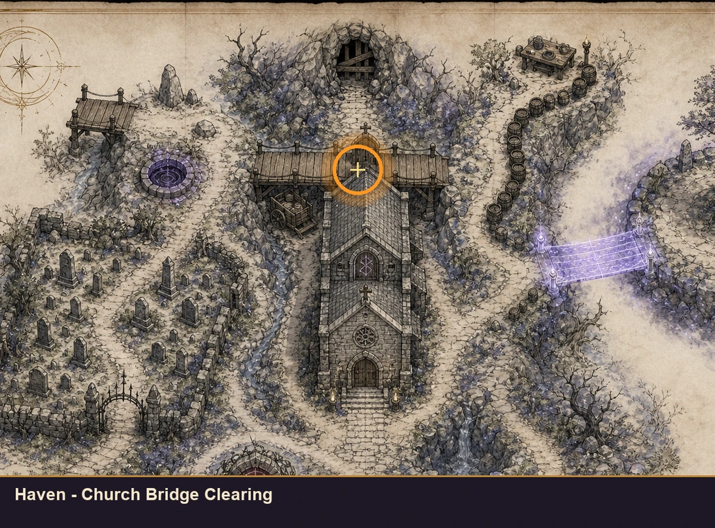 Location guide visual for Haven - Church Bridge Clearing in Marvel's Midnight Suns