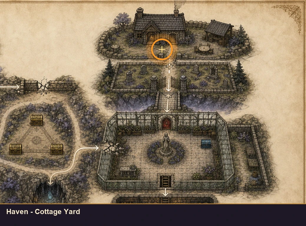 Location guide visual for Haven - Cottage Yard in Marvel's Midnight Suns
