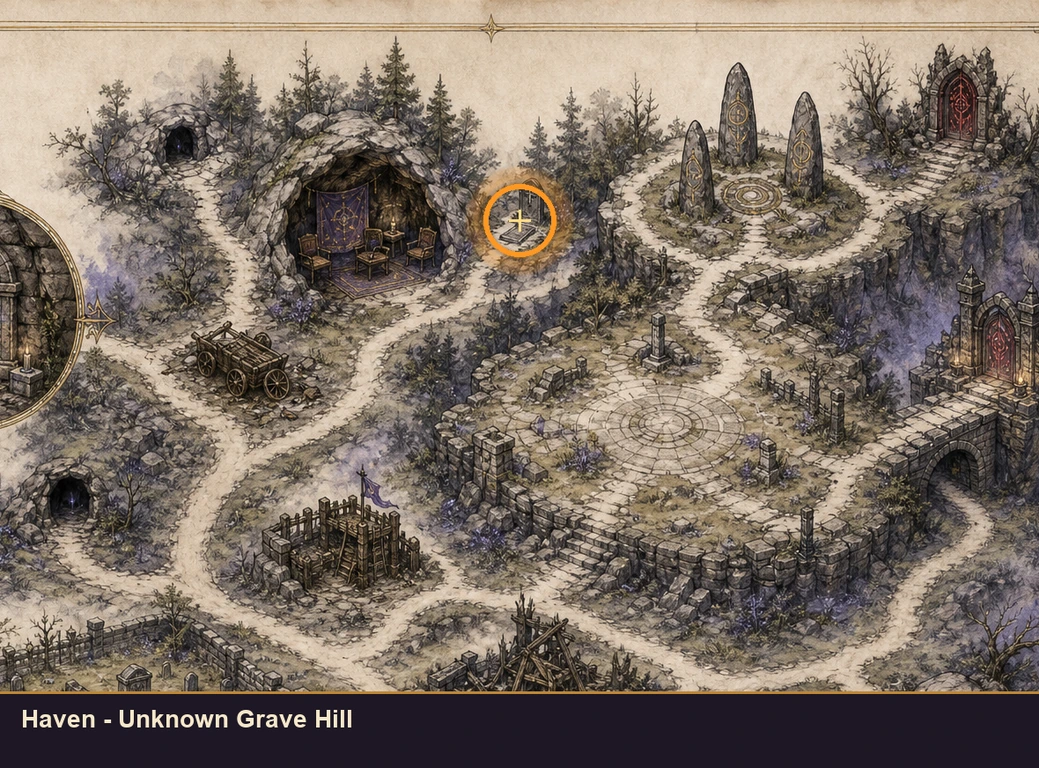 Location guide visual for Haven - Unknown Grave Hill in Marvel's Midnight Suns