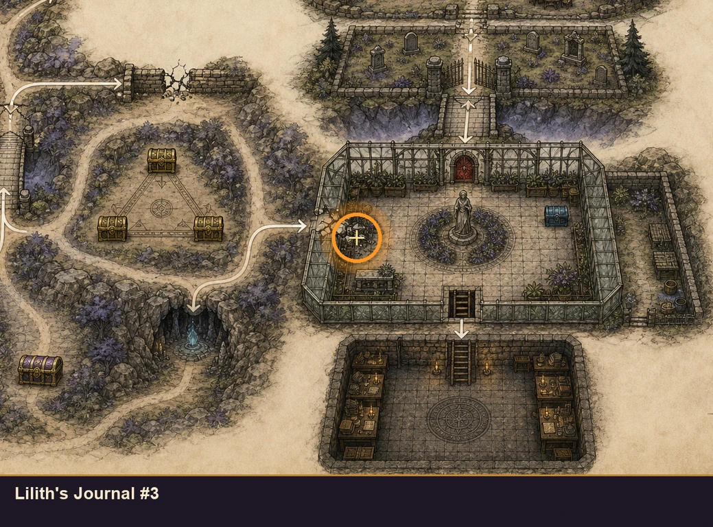 Location guide visual for Lilith's Journal #3 in Marvel's Midnight Suns