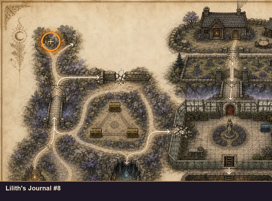 Location guide visual for Lilith's Journal #8 in Marvel's Midnight Suns