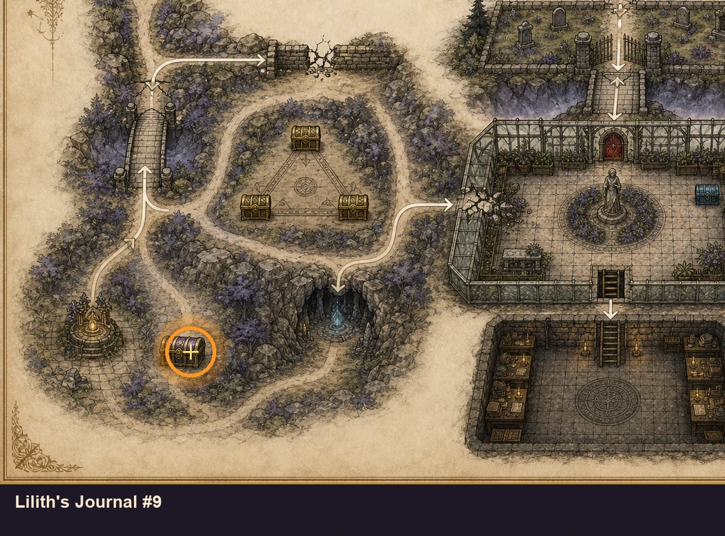 Location guide visual for Lilith's Journal #9 in Marvel's Midnight Suns
