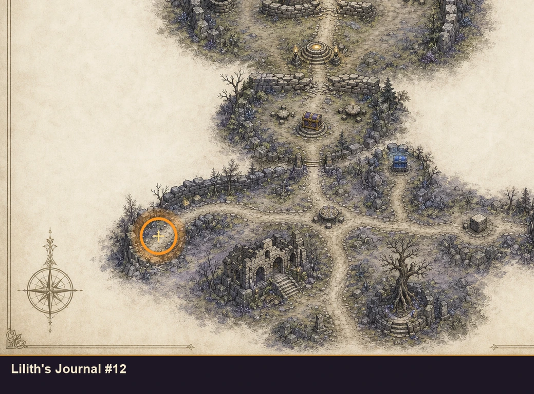 Location guide visual for Lilith's Journal #12 in Marvel's Midnight Suns