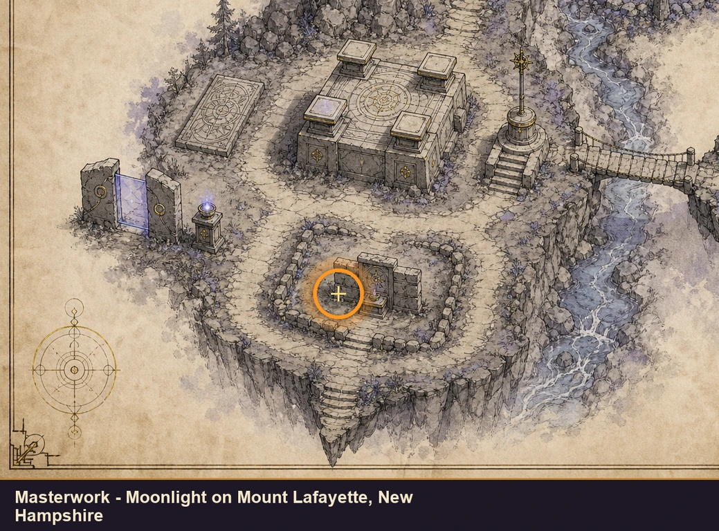 Location guide visual for Masterwork - Moonlight on Mount Lafayette, New Hampshire in Marvel's Midnight Suns