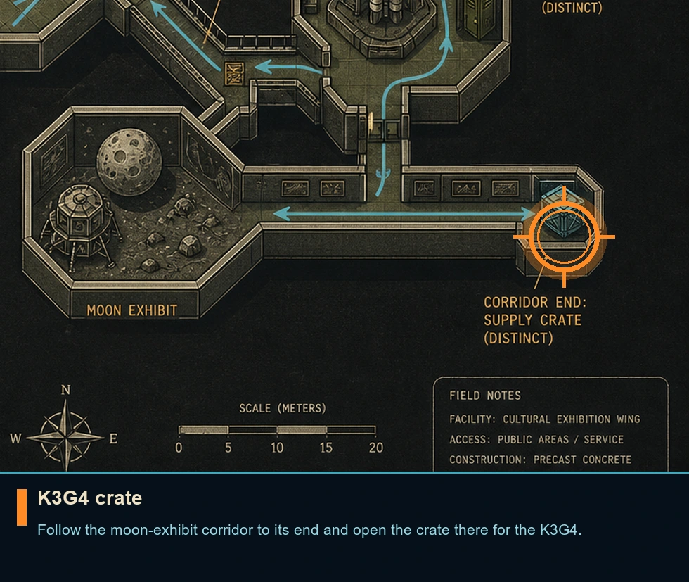 Location guide visual for K3G4 crate in Syphon Filter
